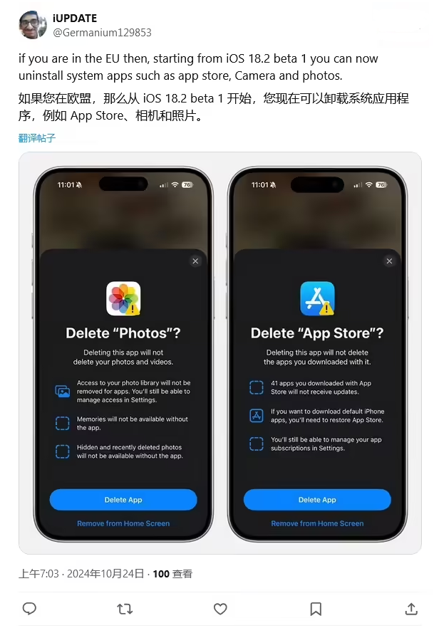 阿荣苹果手机维修分享iOS 18.2 支持删除 App Store 应用商店 