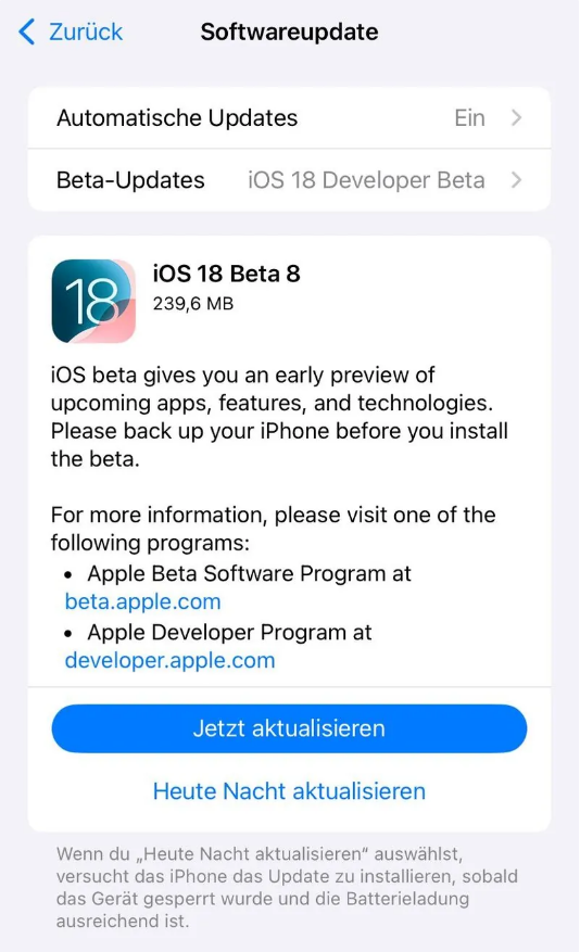 阿荣苹果手机维修分享苹果 iOS / iPadOS 18 开发者预览版 Beta 8 发布 